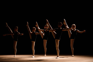 A choreographed dance of a group of graceful pretty young ballerinas practicing on stage in a...