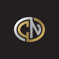 Initial letter CN, looping line, ellipse shape logo, silver gold color on black background