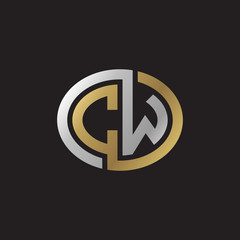 Initial letter CW, looping line, ellipse shape logo, silver gold color on black background