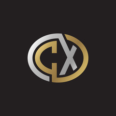 Initial letter CX, looping line, ellipse shape logo, silver gold color on black background