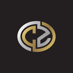 Initial letter CZ, looping line, ellipse shape logo, silver gold color on black background