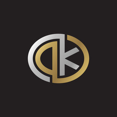 Initial letter DK, OK, looping line, ellipse shape logo, silver gold color on black background