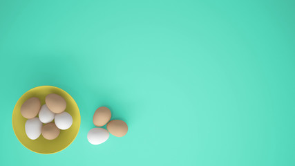 Chicken eggs into a yellow cup on the table, turquoise background with copy space, breakfast easter food concept idea, top view