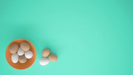 Chicken eggs into a orange cup on the table, turquoise background with copy space, breakfast easter food concept idea, top view