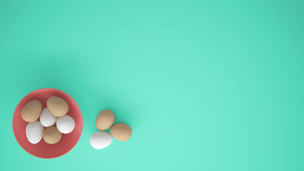 Chicken eggs into a pink cup on the table, turquoise background with copy space, breakfast easter food concept idea, top view
