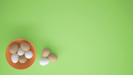 Chicken eggs into a orange cup on the table, green background with copy space, breakfast easter food concept idea, top view