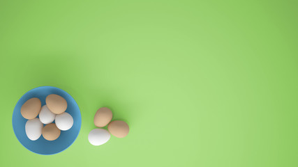 Chicken eggs into a blue cup on the table, green background with copy space, breakfast easter food concept idea, top view