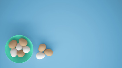 Chicken eggs into a turquoise cup on the table, blue background with copy space, breakfast easter food concept idea, top view