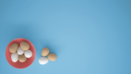 Chicken eggs into a pink cup on the table, blue background with copy space, breakfast easter food concept idea, top view