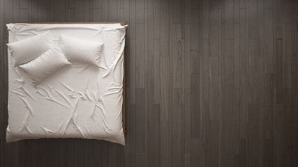 Contemporary wrinkled bedroom, scandinavian modern style with parquet floor, minimalistic interior design, background, close-up, top view with copy space © ArchiVIZ