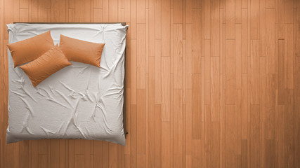 Fototapeta na wymiar Contemporary wrinkled bedroom, scandinavian modern style with parquet floor, minimalistic orange interior design, background, close-up, top view with copy space