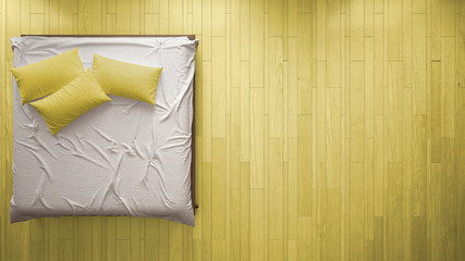Contemporary wrinkled bedroom, scandinavian modern style with parquet floor, minimalistic yellow interior design, background, close-up, top view with copy space