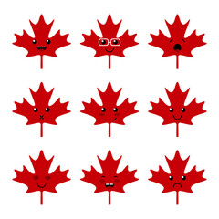 Set, collection of cute cartoon red maple leaves emoji, characters for Canada Day design.