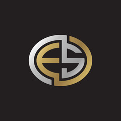 Initial letter ES, looping line, ellipse shape logo, silver gold color on black background