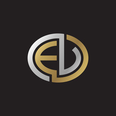 Initial letter EV, EU, looping line, ellipse shape logo, silver gold color on black background