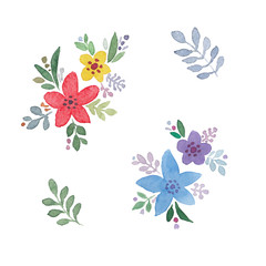 Flowers, leaves watercolor illustration. Hand painted floral art on white background