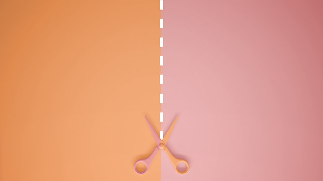 Scissors with cut lines on pastel orange and pink colored background with copy space, template mockup concept idea
