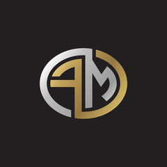 Initial letter FM, looping line, ellipse shape logo, silver gold color on black background