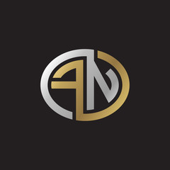 Initial letter FN, looping line, ellipse shape logo, silver gold color on black background