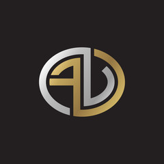 Initial letter FV, FU, looping line, ellipse shape logo, silver gold color on black background