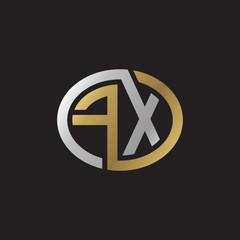 Initial letter FX, looping line, ellipse shape logo, silver gold color on black background