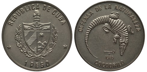 Cuba Cuban coin one peso 1985, arms, denomination below, wildlife protection, crocodile, 