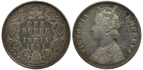 British India coin one rupee 1901, denomination within circular floral ornament, Queen Victoria...