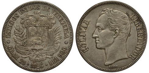 Venezuela Venezuelan coin five peso 1926, arms in center, two horns of plenty on top, weight and...