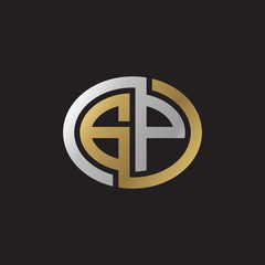 Initial letter GP, looping line, ellipse shape logo, silver gold color on black background