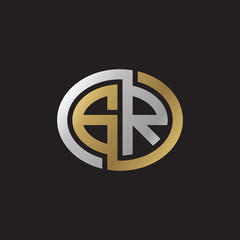 Initial letter GR, looping line, ellipse shape logo, silver gold color on black background