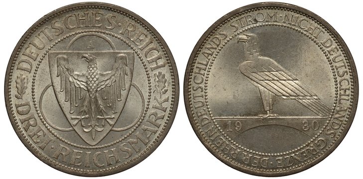 Germany German coin three reichsmark 1930, Weimar Republic, Liberation of Rhineland, shield with eagle, three circles behind, eagle on bridge, silver,