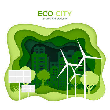 Eco City Ecological Concept. Green Paper Cut Banner Template. World Environment Day. Green Energy Source Solar Battery And Wind Power Plant. Vector Illustration Isolated On White Background