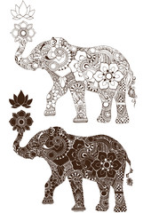 Obraz premium Elephant with lotus on a white background. Ornate decorated elephant with Indian ornament.