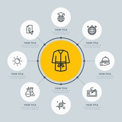 Circle network chart hotel, education, travel infographic template with 8 options for presentations, advertising, annual reports.