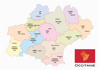 administrative and political vector map of the occitanie region with flag