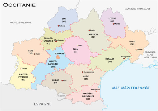 administrative and political vector map of the occitanie region