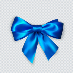 Blue bow. Realistic silk bow. Decoration for gifts and packing blue bow. Vector illustration isolated on transparent background