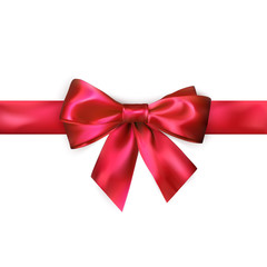 Red bow with red ribbon isolated on white background. Realistic silk bow. Decoration for gifts and packing red bow. Vector illustration