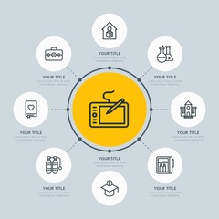 Circle network chart hotel, education, travel infographic template with 8 options for presentations, advertising, annual reports.