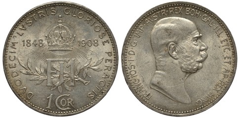 Austro-Hungarian Empire coin one corona 1908, 60th anniversary of reign of Franz Joseph I, laurel...