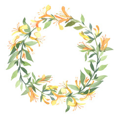 Wreath of watercolor yellow Lonicera flowers on white background. Flowers for wedding cards.