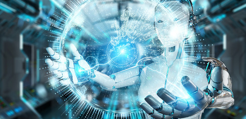 White humanoid woman using globe network hologram with Europe map 3D rendering