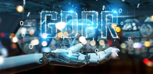 White cyborg hand using digital GDPR interface 3D rendering