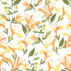 Seamless pattern of watercolor yellow Lonicera flowers on white background. Flowers for wedding cards.