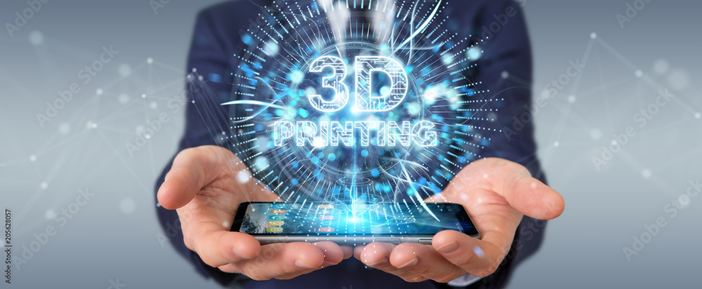 Poster businessman using 3d printing digital hologram 3d rendering