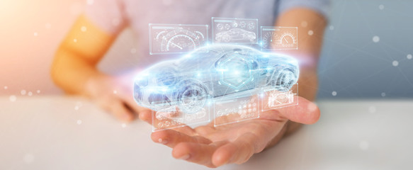 Businessman using modern smart car interface 3D rendering
