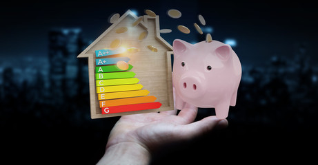 Businessman saving money with good energy chart rating 3D rendering
