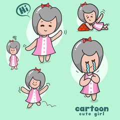 Cartoon girl In gestures on bright color background