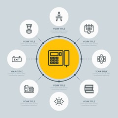 Circle network chart hotel, education, travel infographic template with 8 options for presentations, advertising, annual reports.
