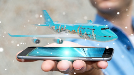 Businessman with plane and famous landmarks of the world 3D rendering